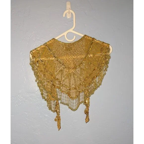 Gold Beaded Fringe Shawl Wrap New Years Christmas Party Festive - Picture 2 of 12